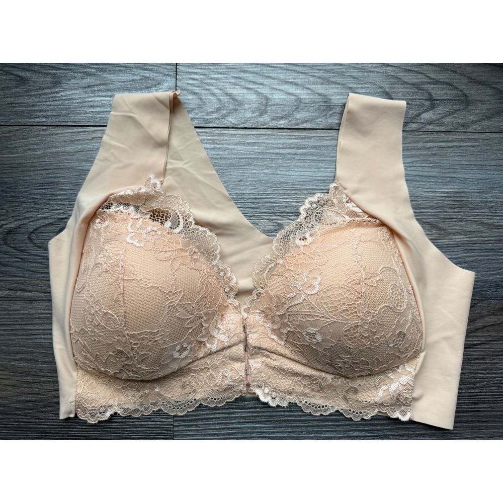 Womens Seamless Wireless Lace Front Closure Bra‎ Beige Nude Size Large